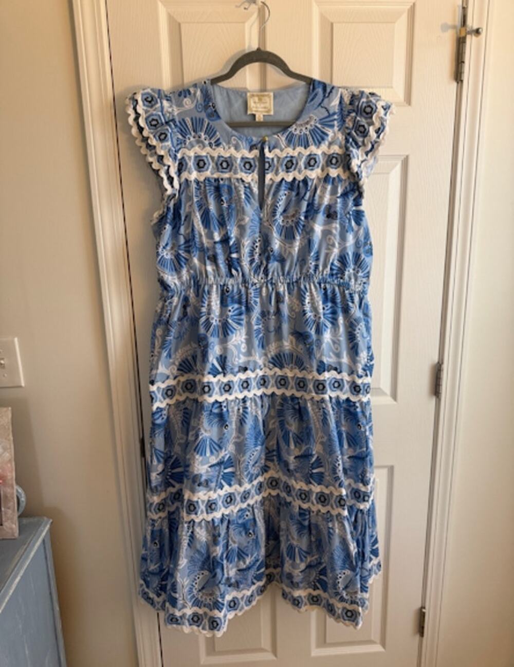 Sail to Sable Midi Dress Blue White Rik Rak Trim Tiered Dress XXL